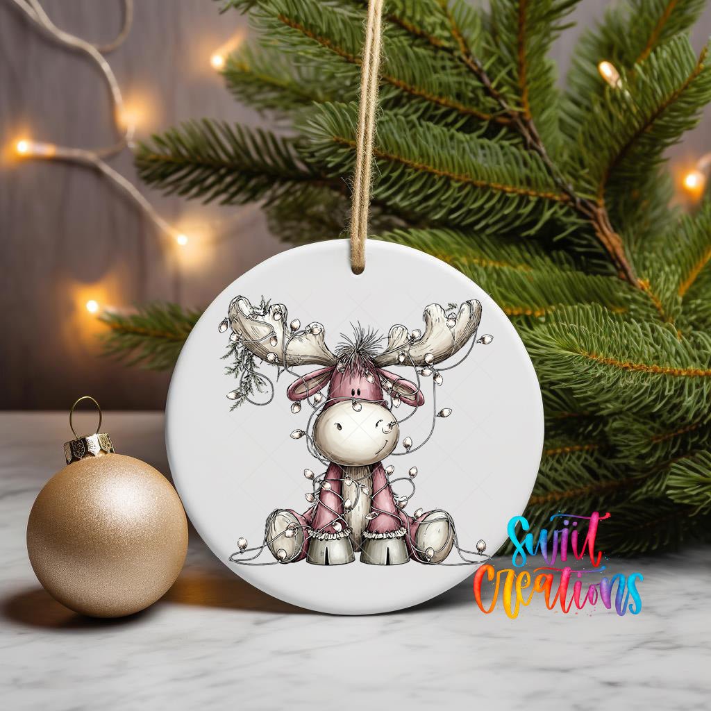 Cute Pink Moose With Lights UV DTF Ornament Transfer | O-1934 - Swiit Creations