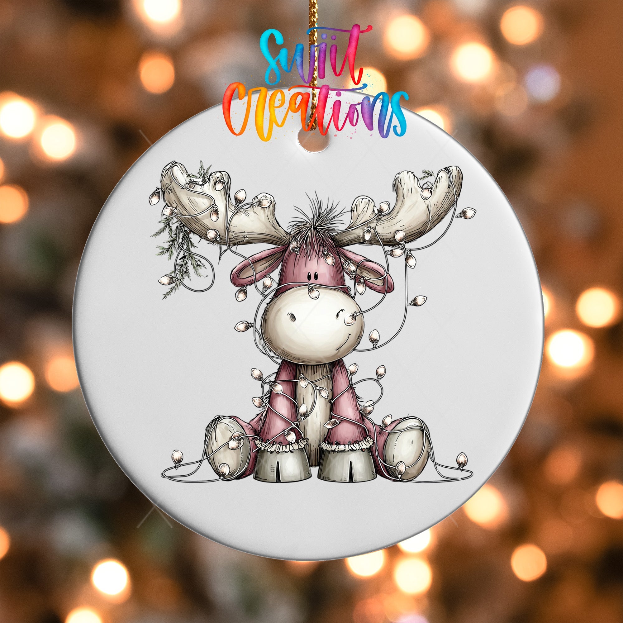 Cute Pink Moose With Lights UV DTF Ornament Transfer | O-1934 - Swiit Creations