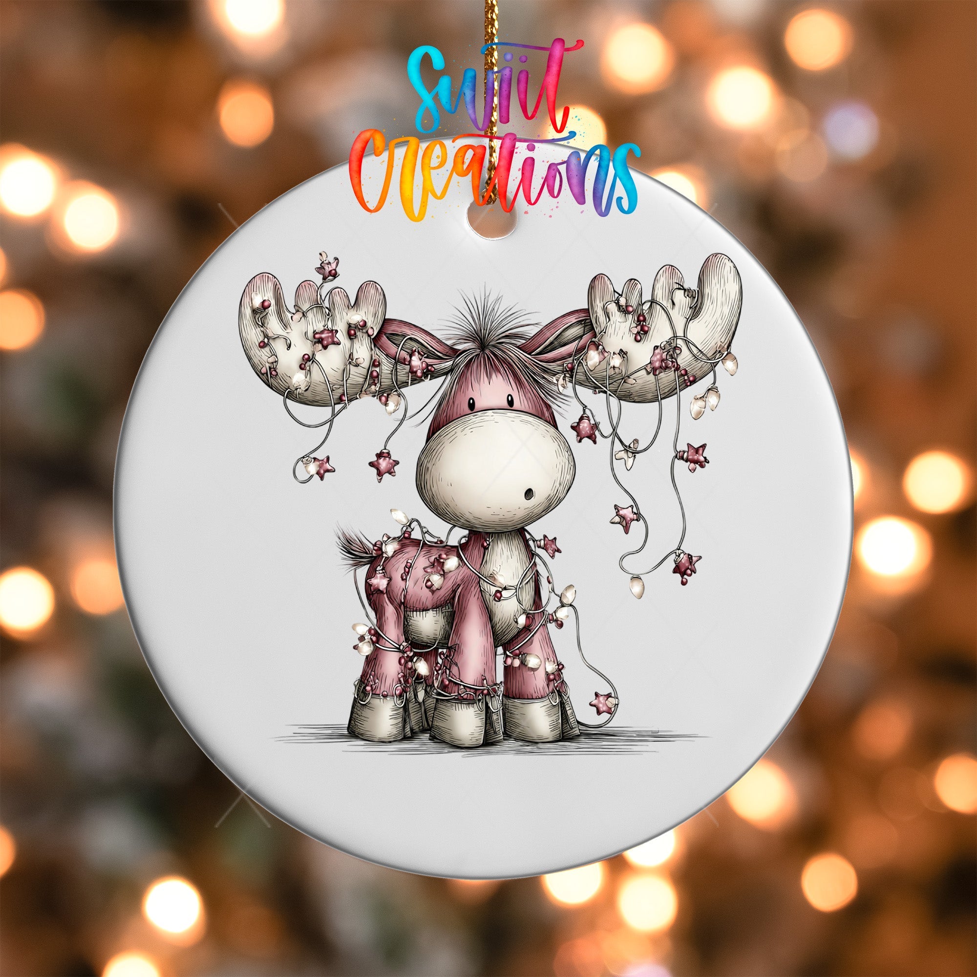 Cute Pink Moose With Star Lights UV DTF Ornament Transfer | O-1936 - Swiit Creations
