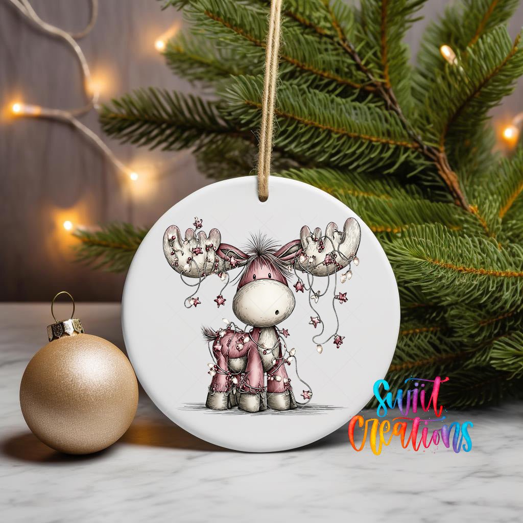 Cute Pink Moose With Star Lights UV DTF Ornament Transfer | O-1936 - Swiit Creations