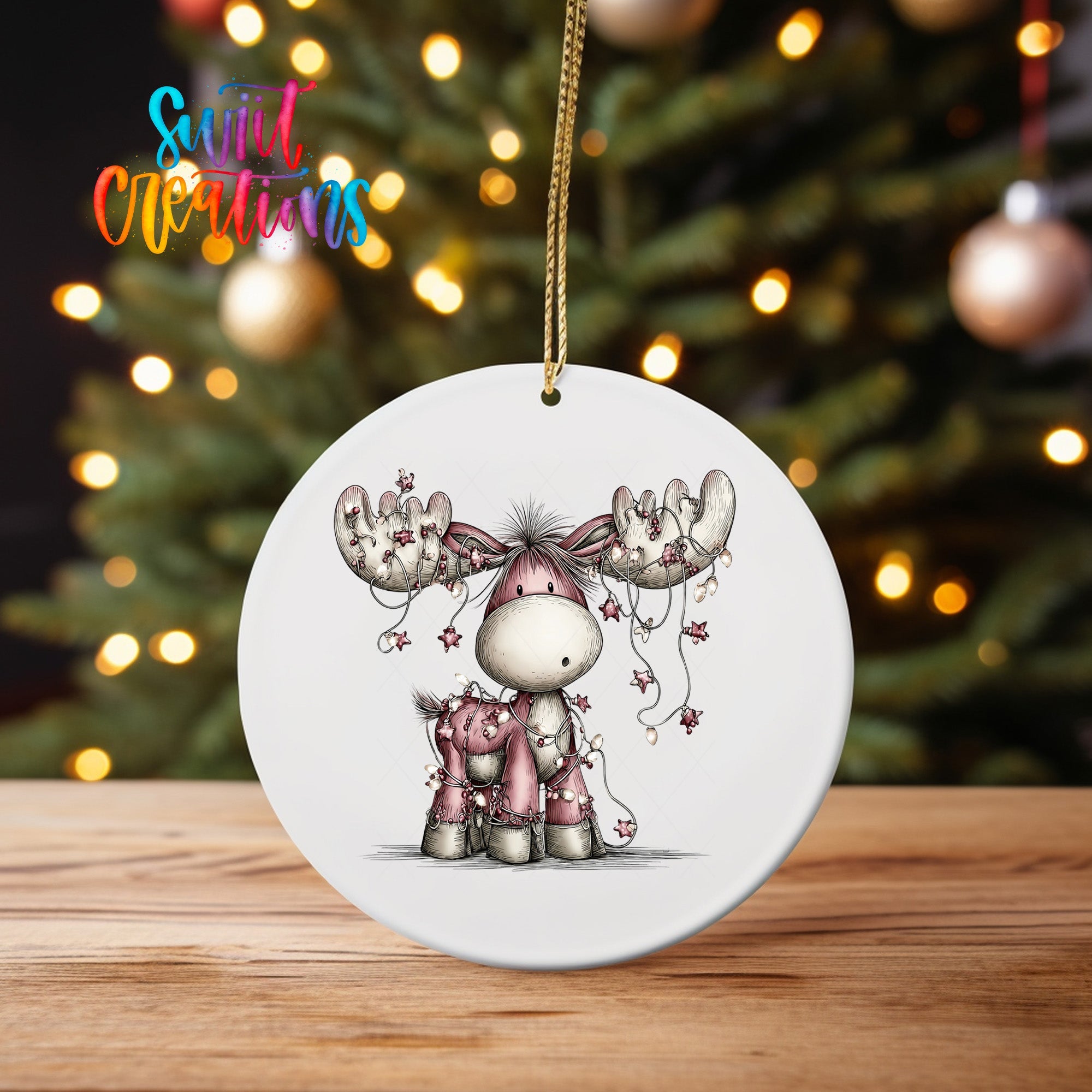 Cute Pink Moose With Star Lights UV DTF Ornament Transfer | O-1936 - Swiit Creations
