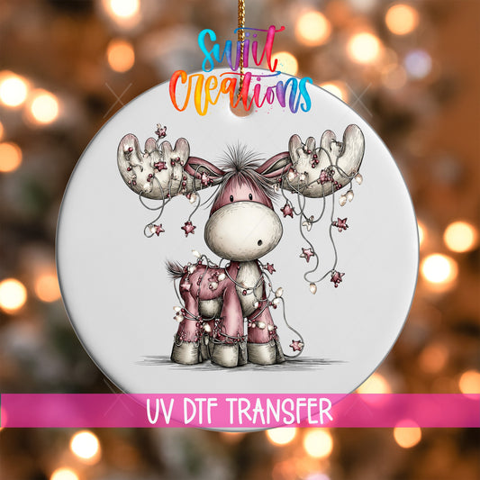 Cute Pink Moose With Star Lights UV DTF Ornament Transfer | O-1936 - Swiit Creations