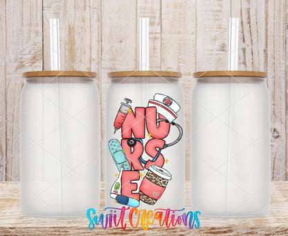 Nurse pink nurse gear UV DTF transfer on frosted glass cans with bamboo lids