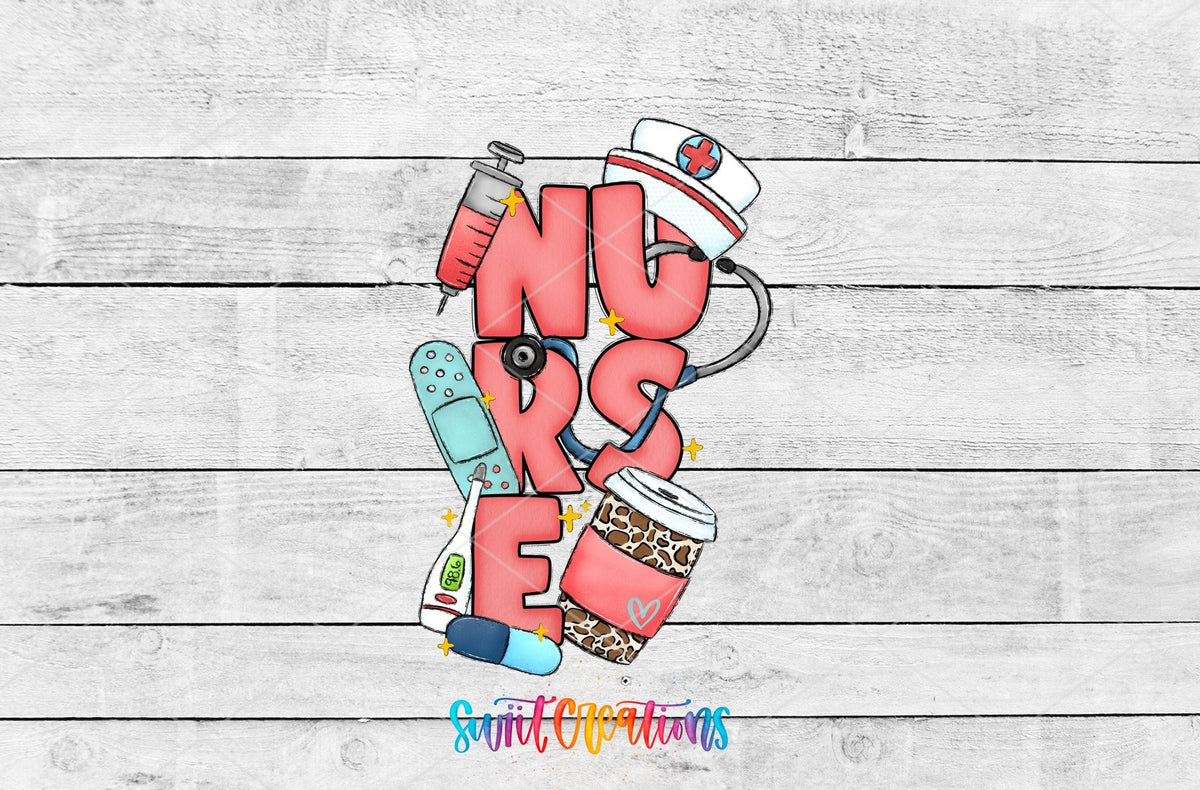 Nurse pink nurse gear UV DTF transfer artwork on a white wood background