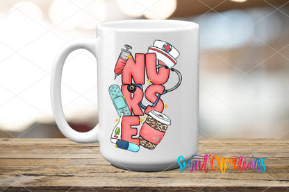 Nurse pink nurse gear UV DTF transfer on a white ceramic coffee mug
