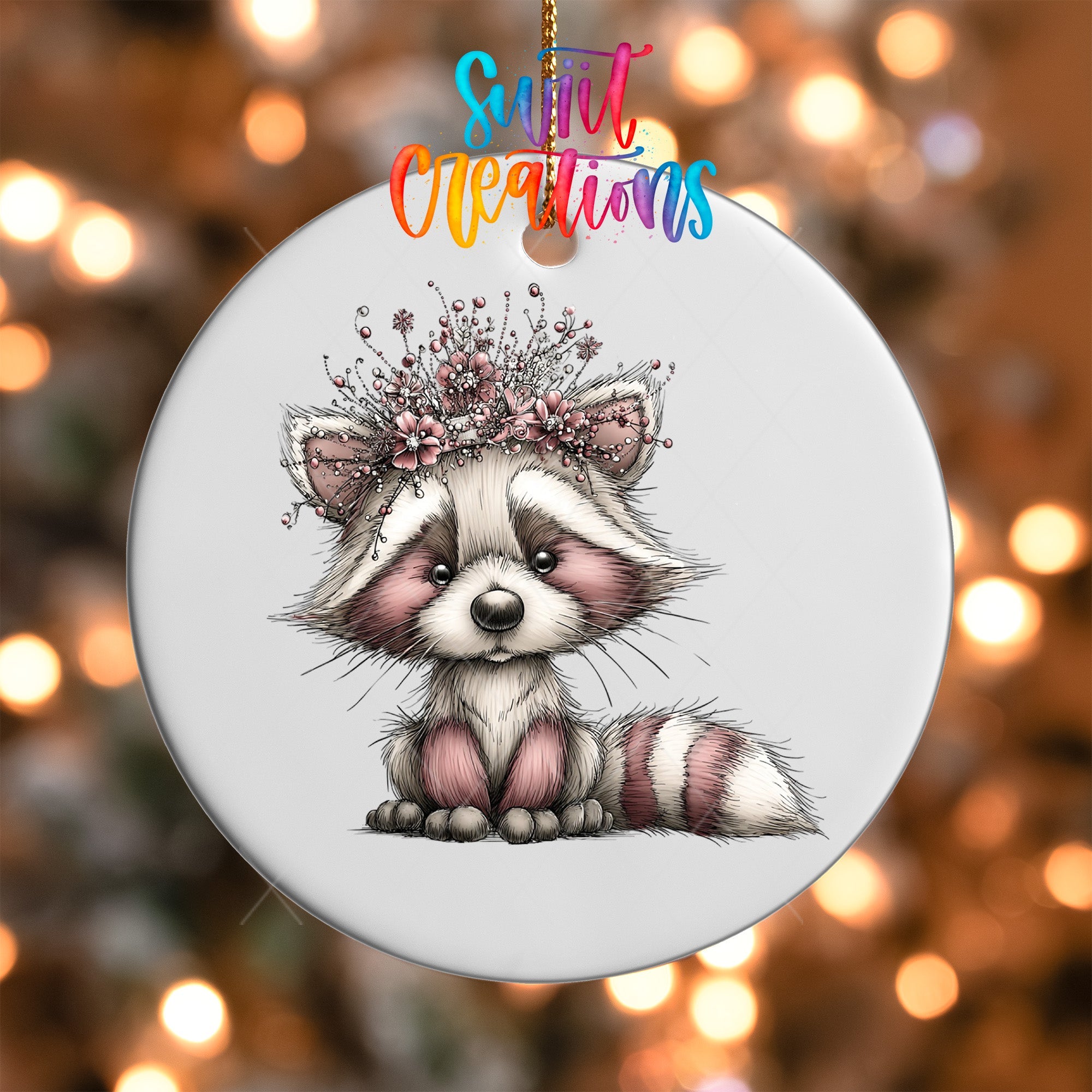 Cute Pink Raccoon With Floral Crown UV DTF Ornament Transfer | O-1929 - Swiit Creations