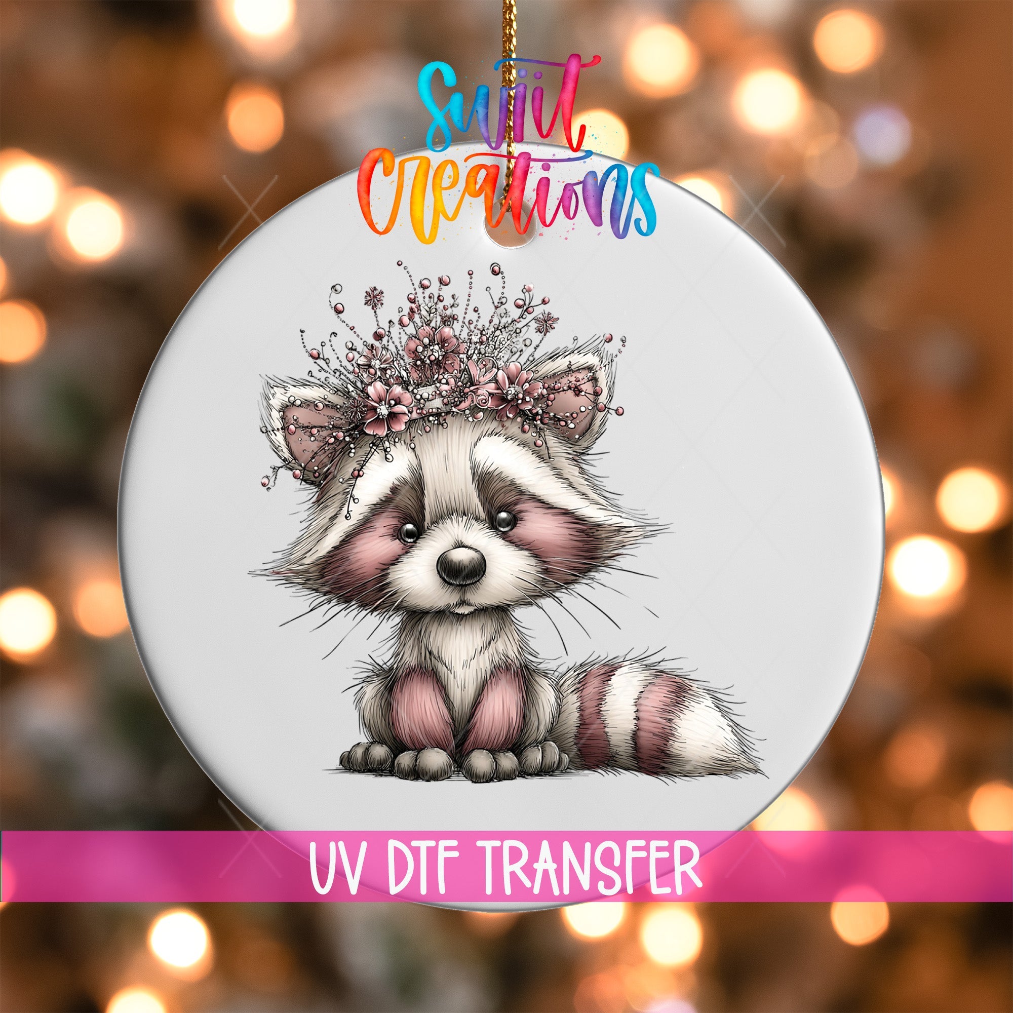Cute Pink Raccoon With Floral Crown UV DTF Ornament Transfer | O-1929 - Swiit Creations