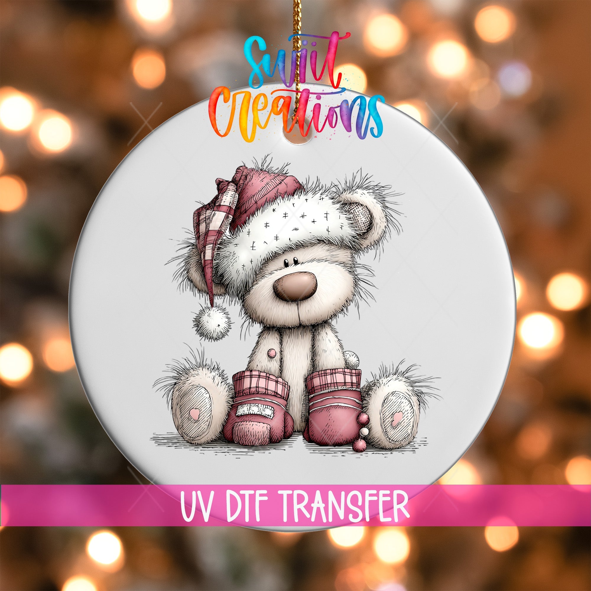 Cute Pink Winter Bear UV DTF Ornament Transfer | O-1951 - Swiit Creations