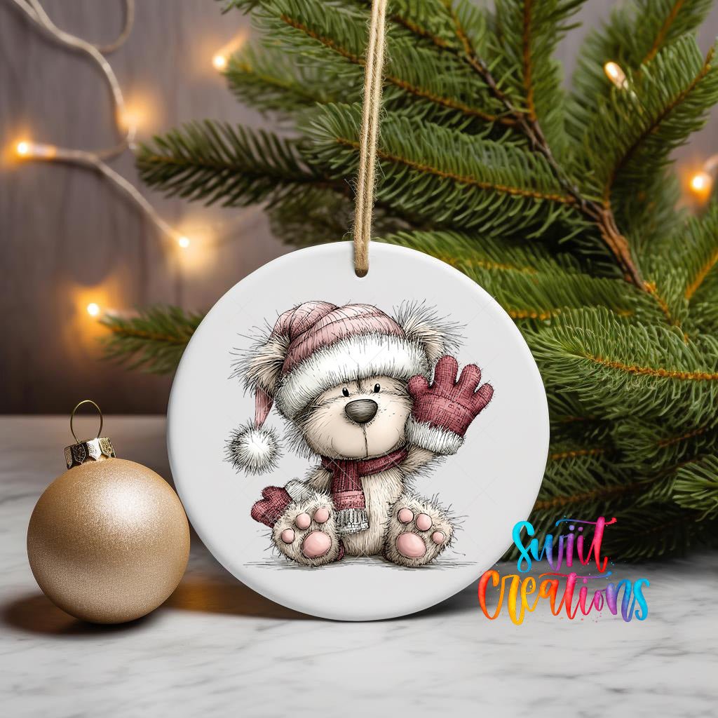 Cute Pink Winter Bear Waving Christmas UV DTF Ornament Transfer | O-1958 - Swiit Creations