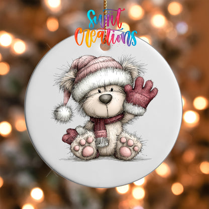 Close-up of the Pink Winter Bear Waving UV DTF transfer on a round white ornament