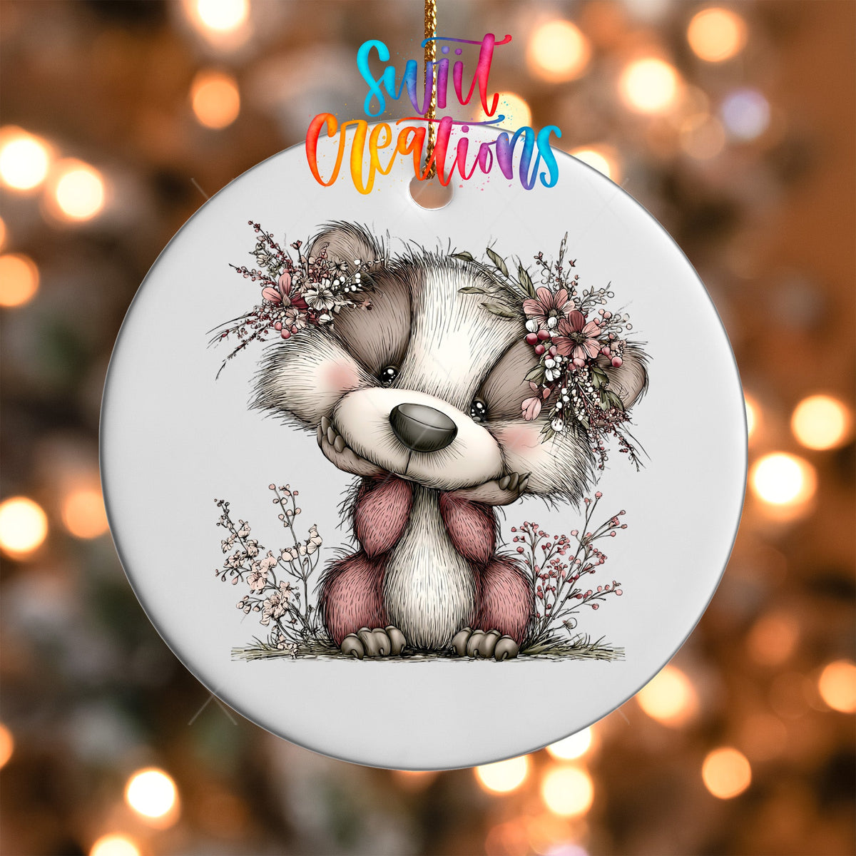 Close-up of the Pink Woodland Raccoon UV DTF transfer on a round white ornament