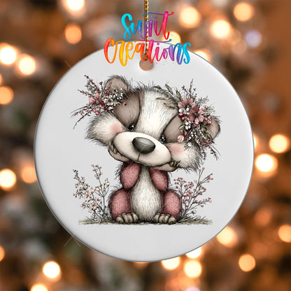 Close-up of the Pink Woodland Raccoon UV DTF transfer on a round white ornament
