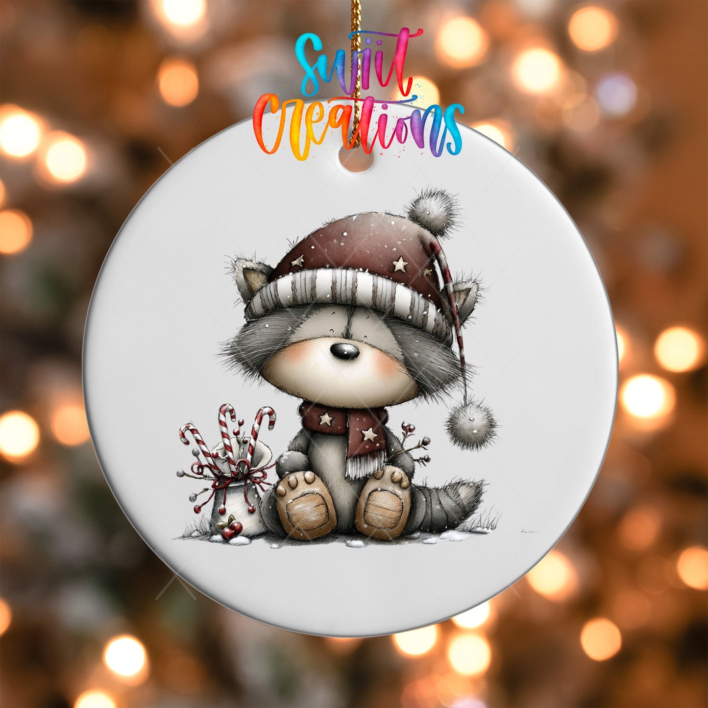 Cute Raccoon With Candy Canes Christmas UV DTF Ornament Transfer | O-1754 - Swiit Creations