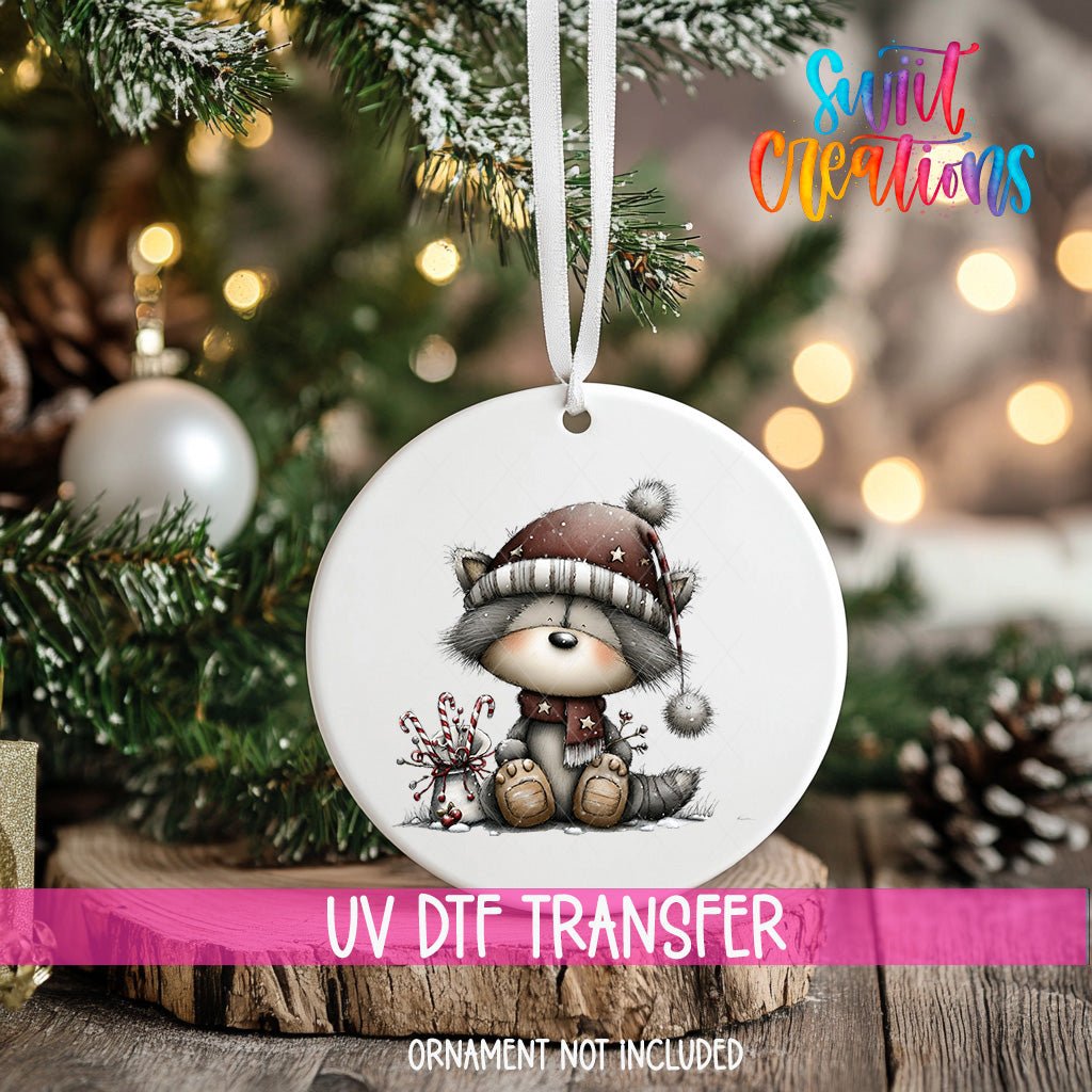 Cute Raccoon With Candy Canes Christmas UV DTF Ornament Transfer | O-1754 - Swiit Creations