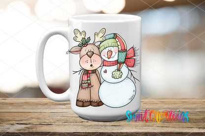 Reindeer and Snowman UV DTF transfer on a white ceramic coffee mug