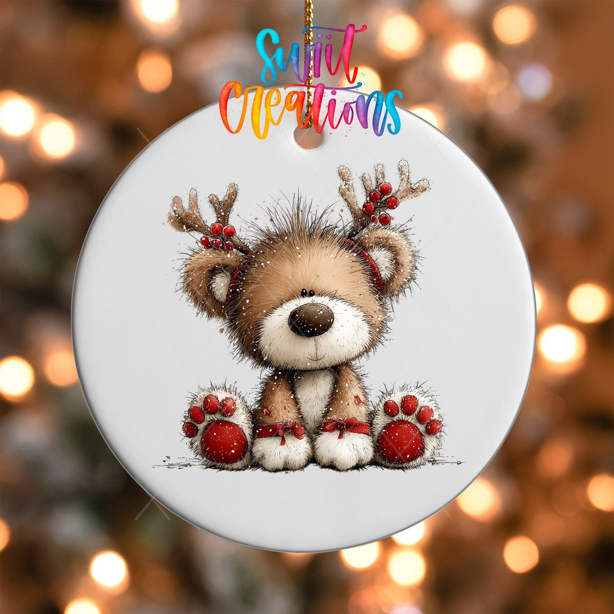 Close-up of the Reindeer Teddy Bear UV DTF transfer on a round white ornament