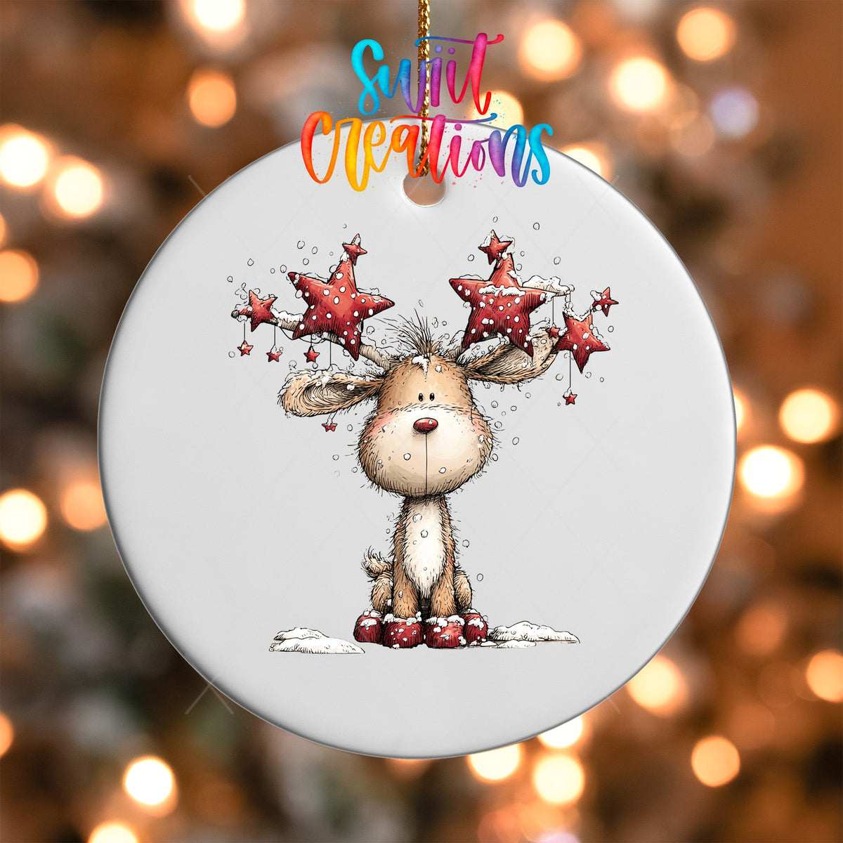 Close-up of the Reindeer with Star Antlers UV DTF transfer on a round white ornament