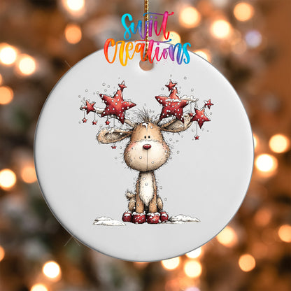 Close-up of the Reindeer with Star Antlers UV DTF transfer on a round white ornament