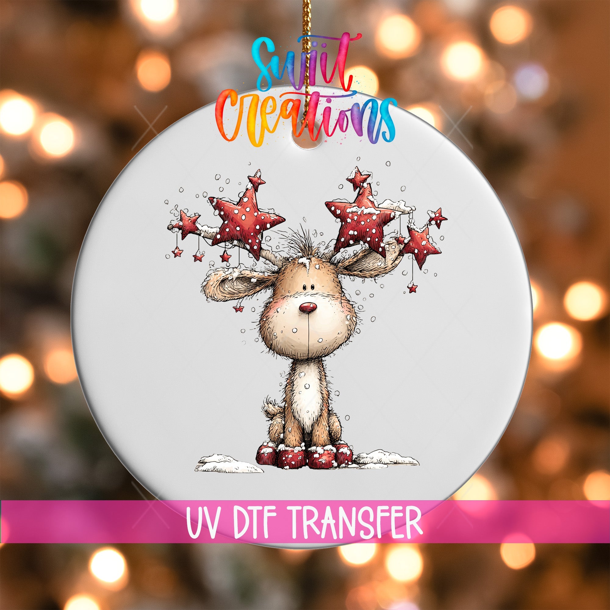 Cute Reindeer With Star Antlers UV DTF Ornament Transfer | O-1864 - Swiit Creations