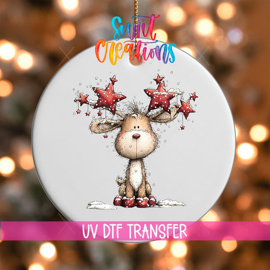 Cute Reindeer With Star Antlers UV DTF Ornament Transfer | O-1864 - Swiit Creations