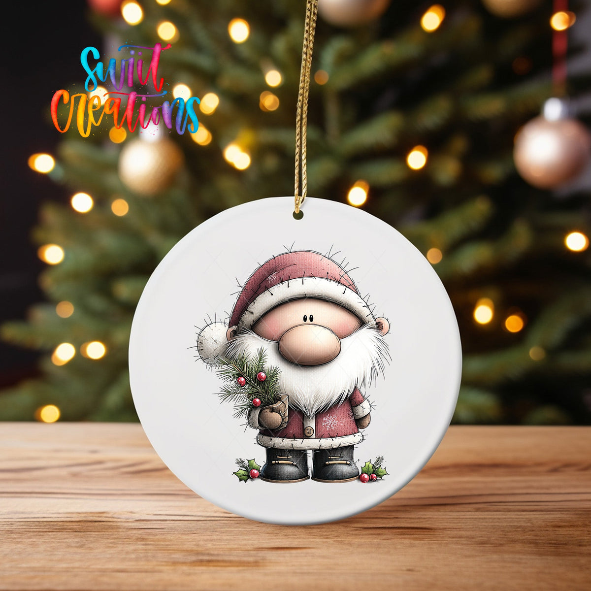 Santa with Pine Sprig ornament UV DTF transfer on an ornament on a wooden table with tree lights behind it