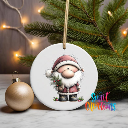 Santa with Pine Sprig ornament UV DTF transfer on a hanging ornament with pine branches and a gold bauble