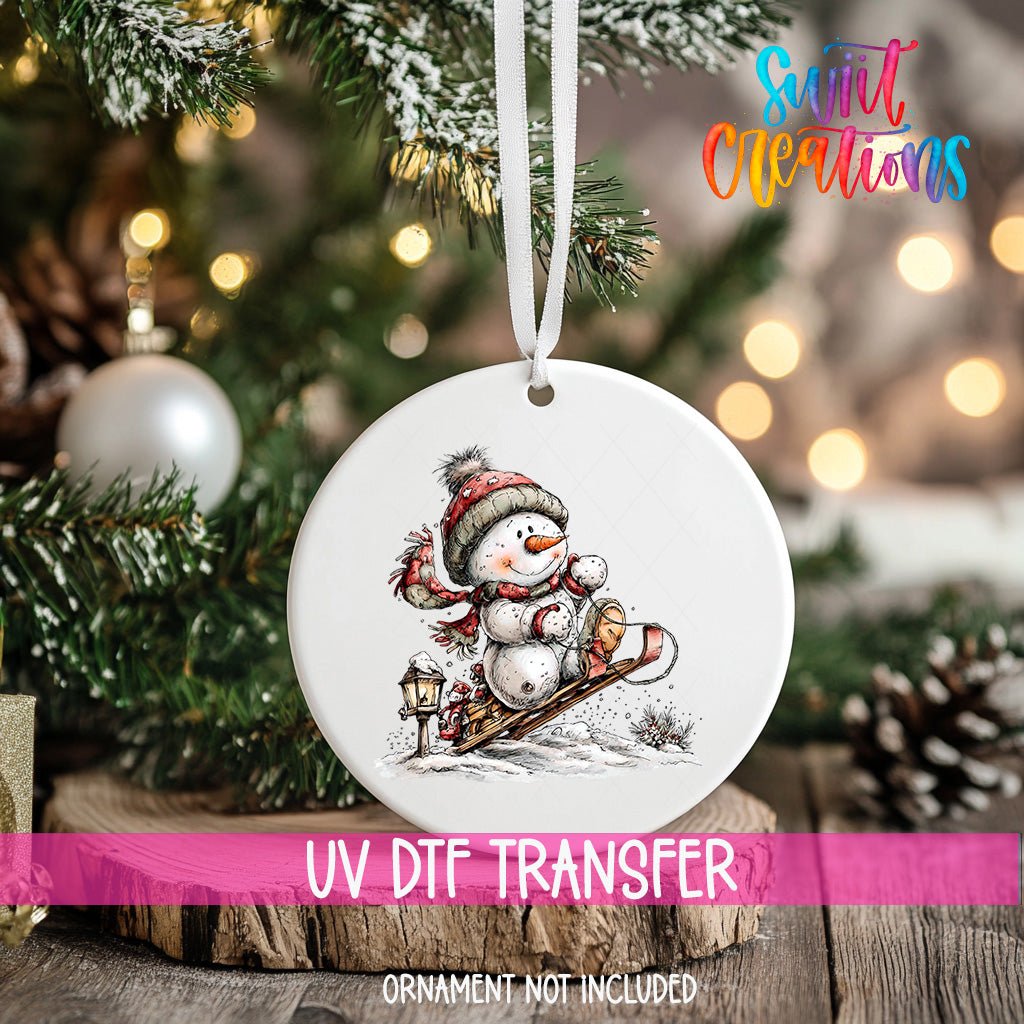 Cute Snowman On Sled UV DTF Ornament Transfer | O-1816 - Swiit Creations