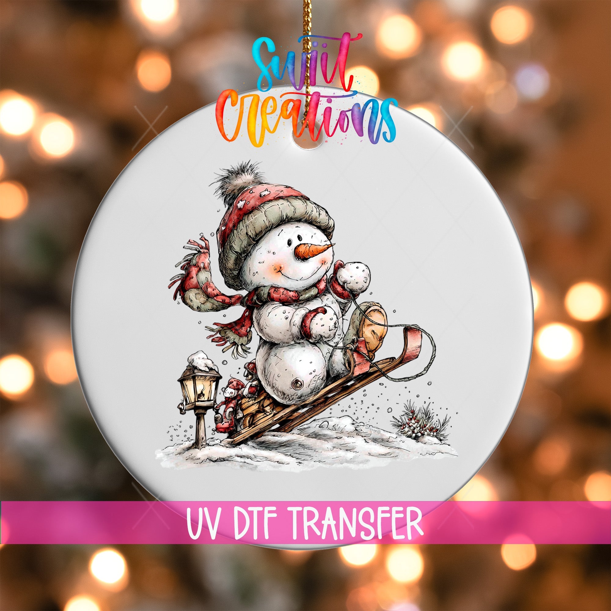 Cute Snowman On Sled UV DTF Ornament Transfer | O-1816 - Swiit Creations