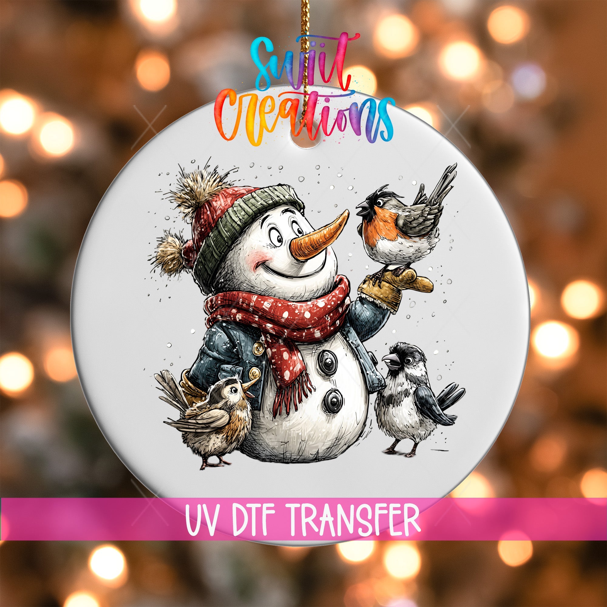 Cute Snowman With Birds UV DTF Ornament Transfer | O-1894 - Swiit Creations