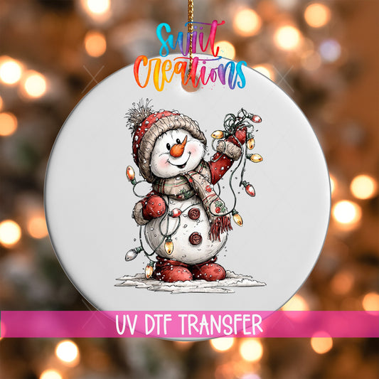 Cute Snowman With Christmas Lights UV DTF Ornament Transfer | O-1830 - Swiit Creations