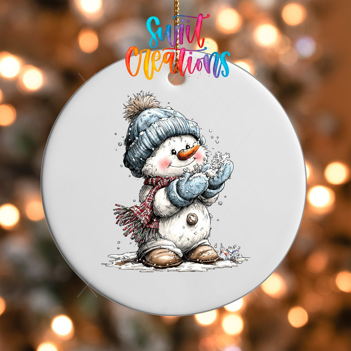 Close-up of the Snowman with Snowflake UV DTF transfer on a round white ornament