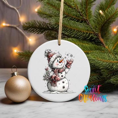 Snowman with Snowflakes ornament UV DTF transfer on a hanging ornament with pine branches and a gold bauble