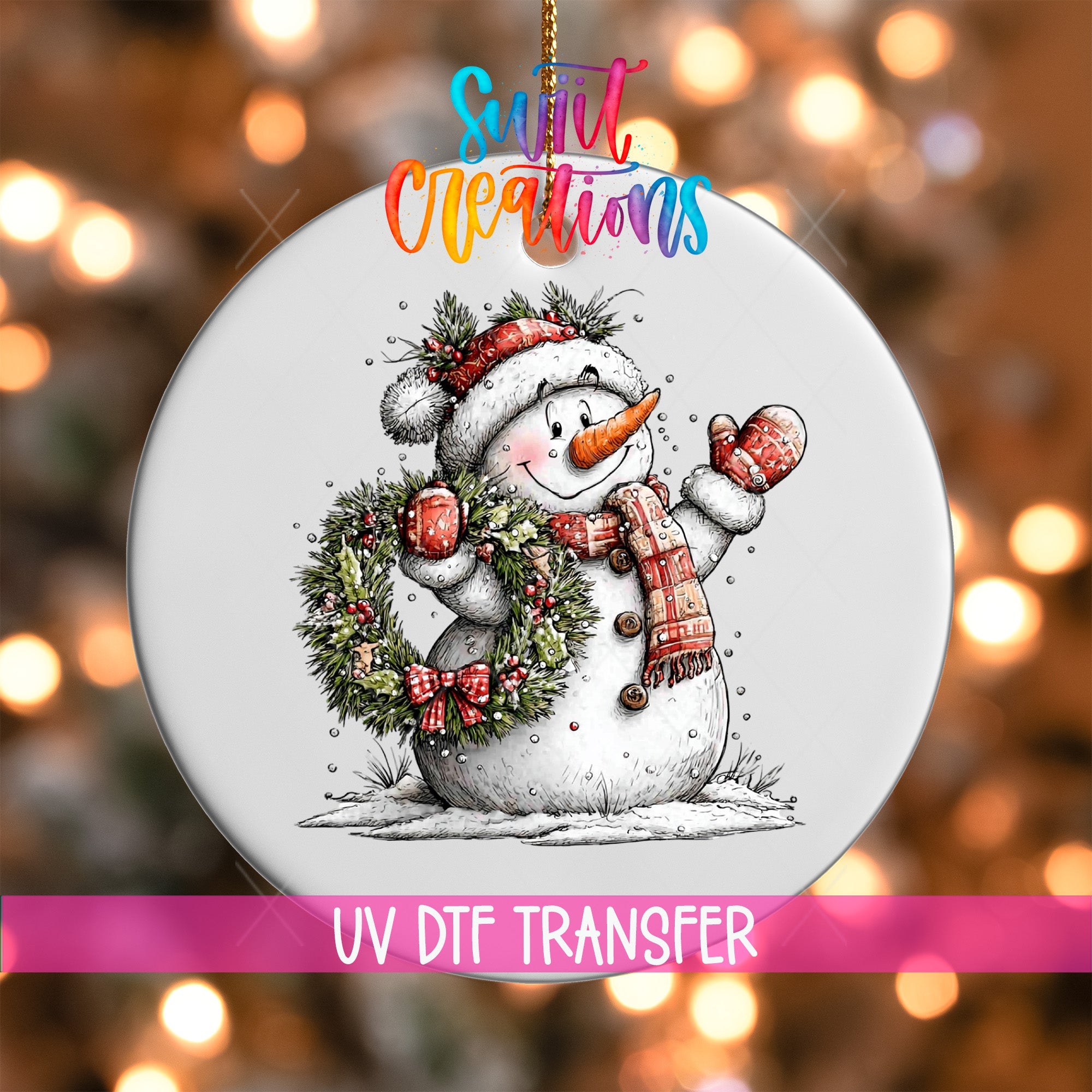 Cute Snowman With Wreath UV DTF Ornament Transfer | O-1835 - Swiit Creations