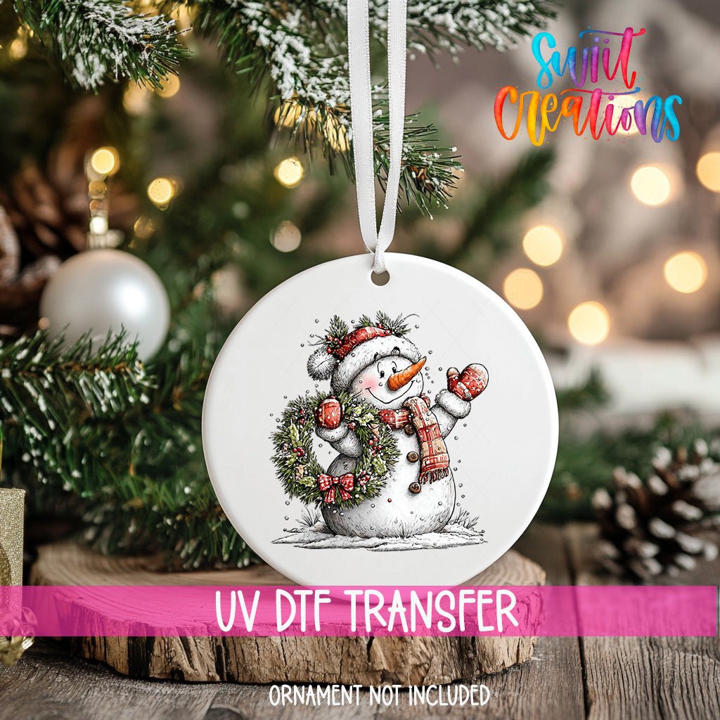 Cute Snowman With Wreath UV DTF Ornament Transfer | O-1835 - Swiit Creations