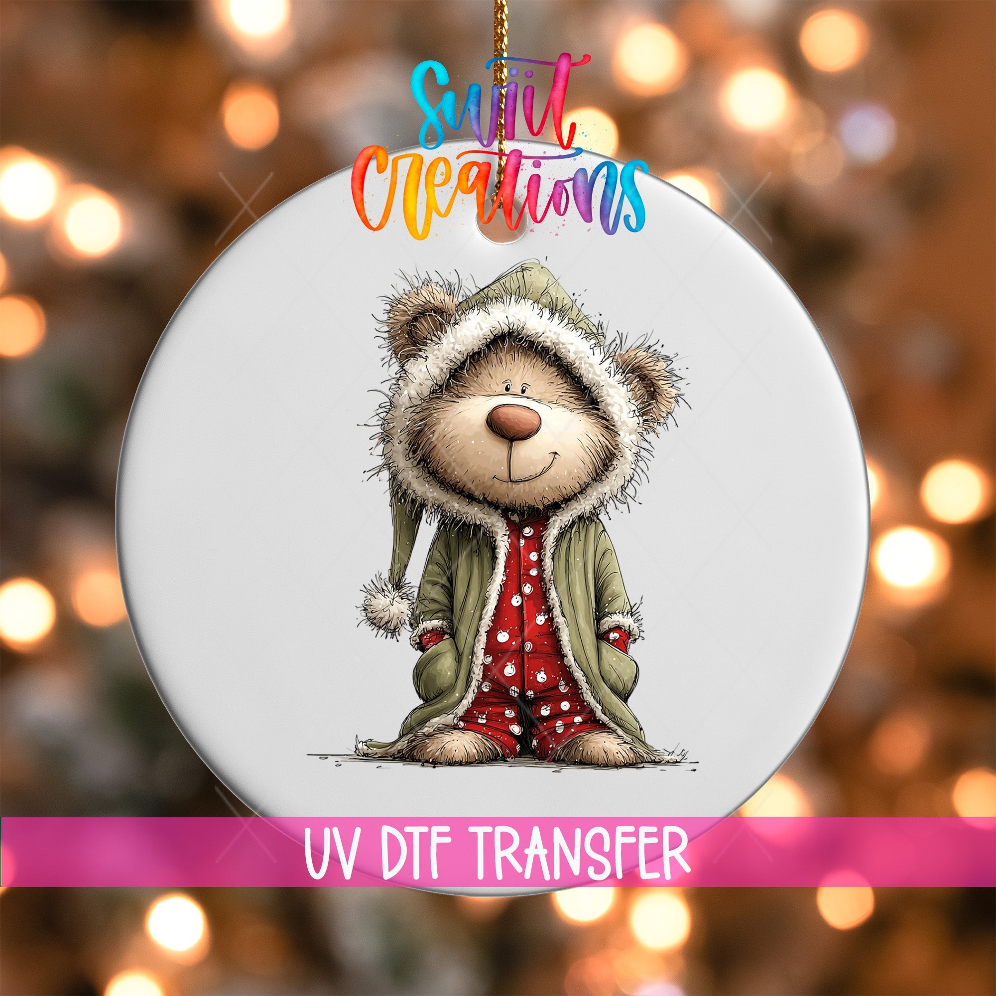 Cute Teddy Bear In Hooded Pajamas UV DTF Ornament Transfer | O-1808 - Swiit Creations