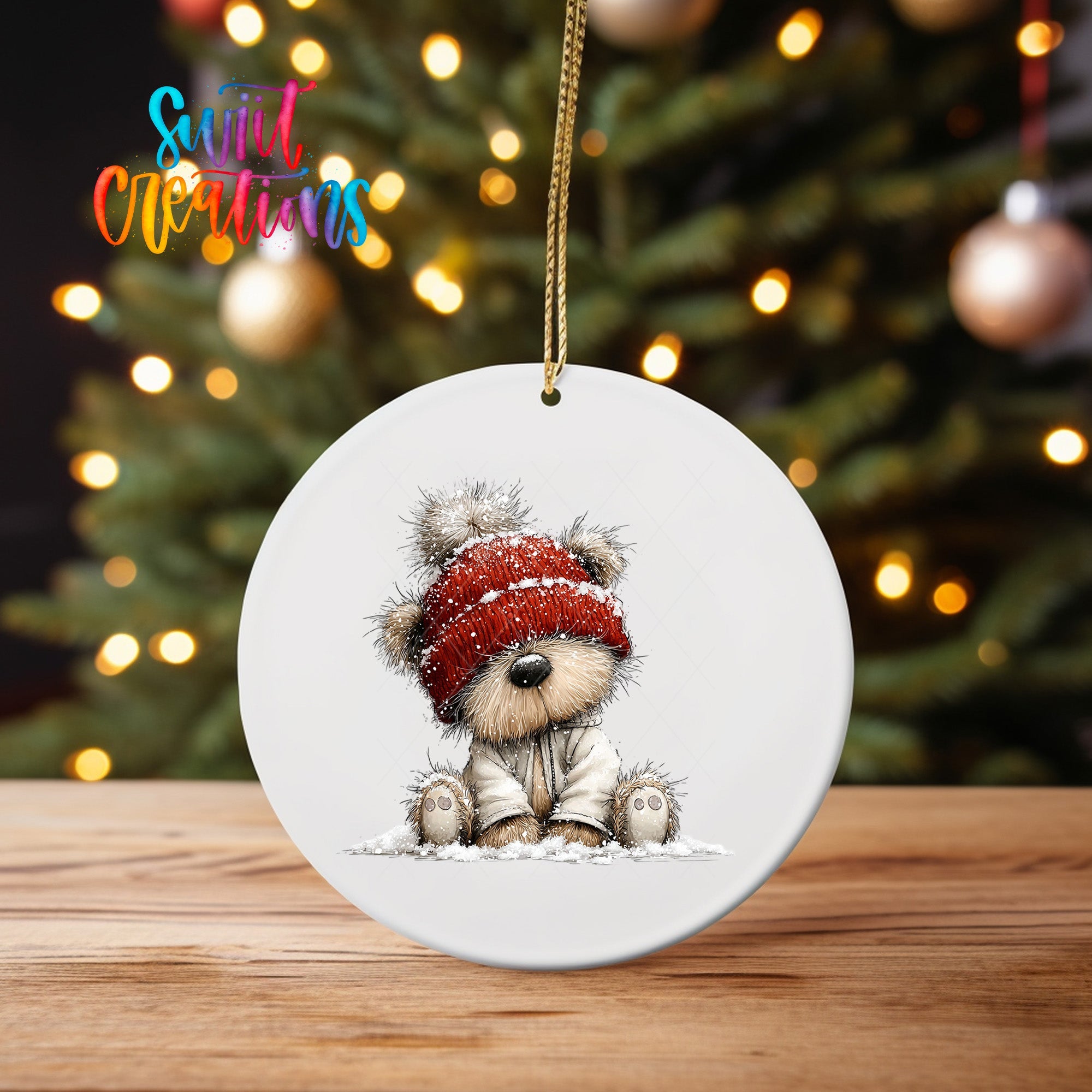 Cute Teddy Bear In Red Beanie UV DTF Ornament Transfer | O-1802 - Swiit Creations