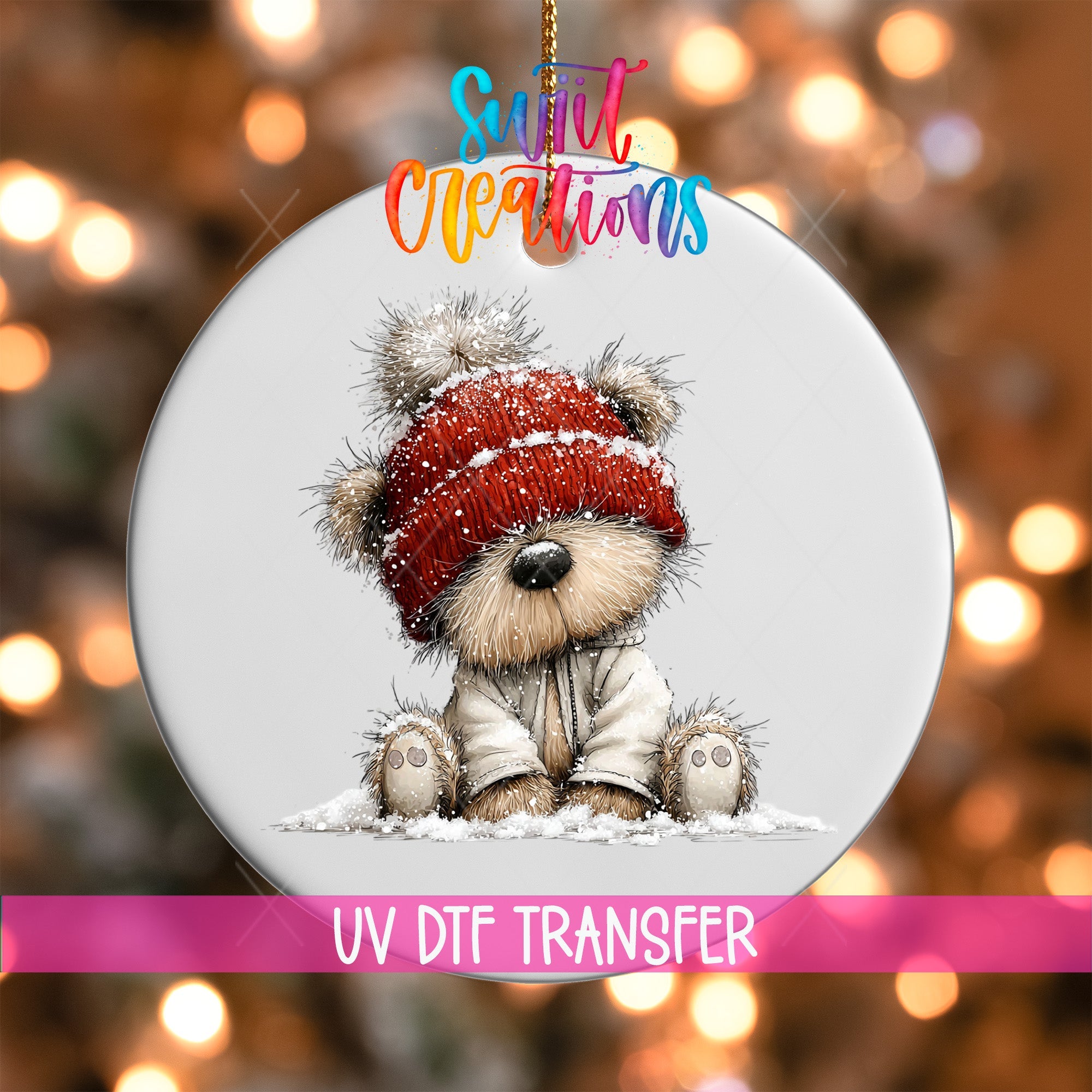 Cute Teddy Bear In Red Beanie UV DTF Ornament Transfer | O-1802 - Swiit Creations
