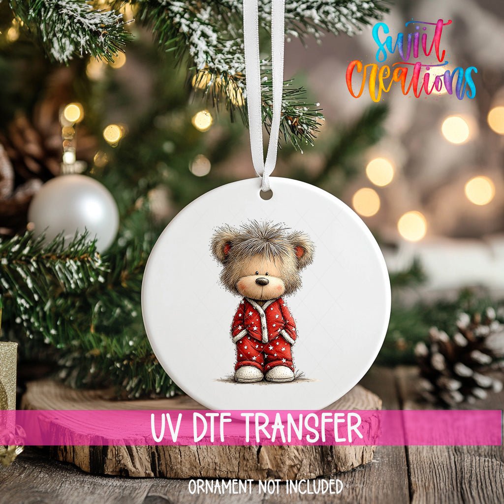 Cute Teddy Bear In Red Pajamas UV DTF Ornament Transfer | O-1788 - Swiit Creations