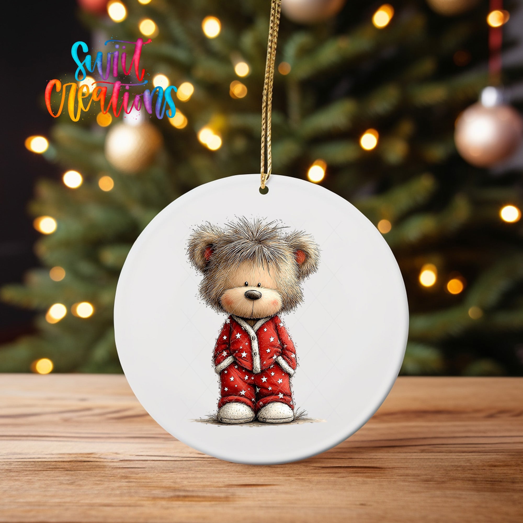 Cute Teddy Bear In Red Pajamas UV DTF Ornament Transfer | O-1788 - Swiit Creations
