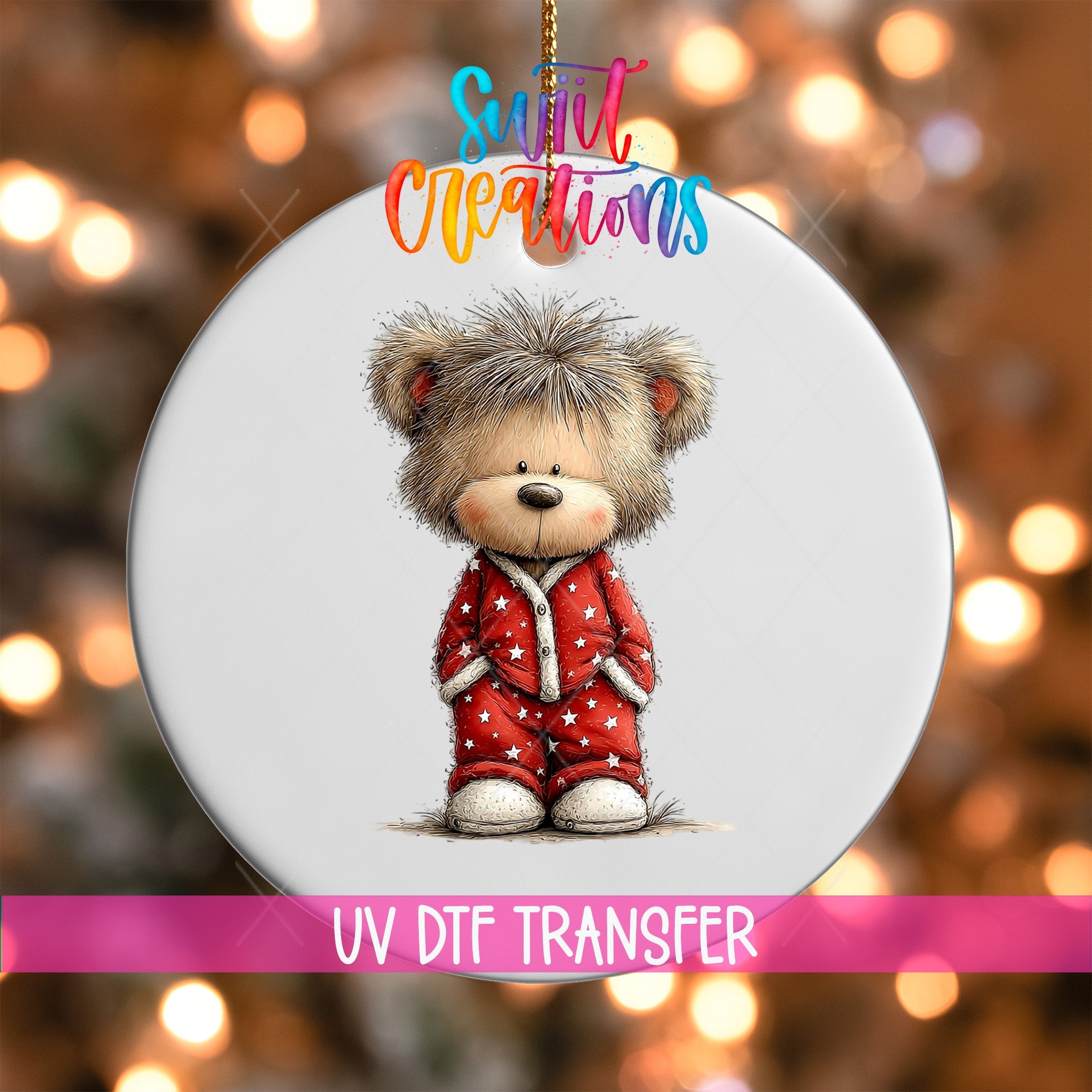 Cute Teddy Bear In Red Pajamas UV DTF Ornament Transfer | O-1788 - Swiit Creations