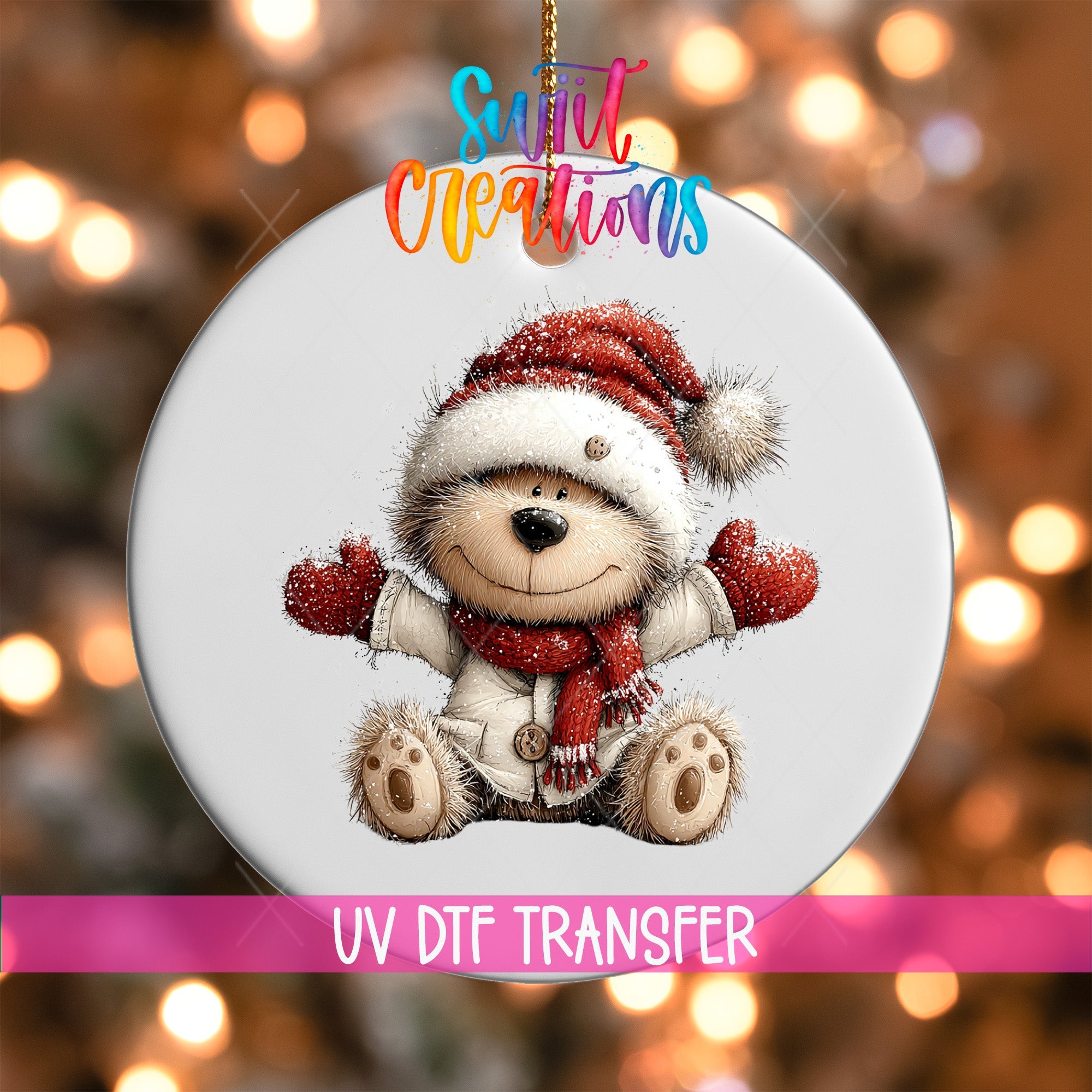 Cute Teddy Bear In Santa Hat UV DTF Ornament Transfer | O-1813 - Swiit Creations