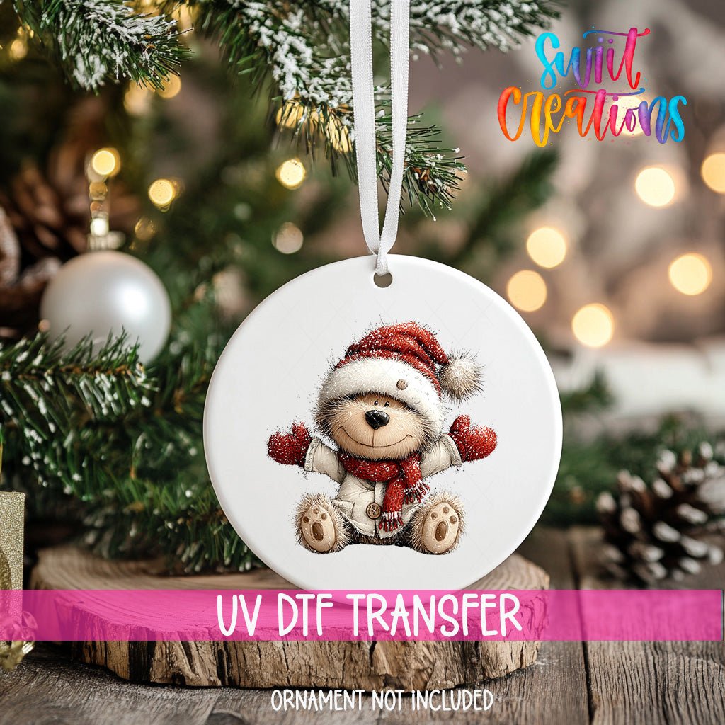 Cute Teddy Bear In Santa Hat UV DTF Ornament Transfer | O-1813 - Swiit Creations