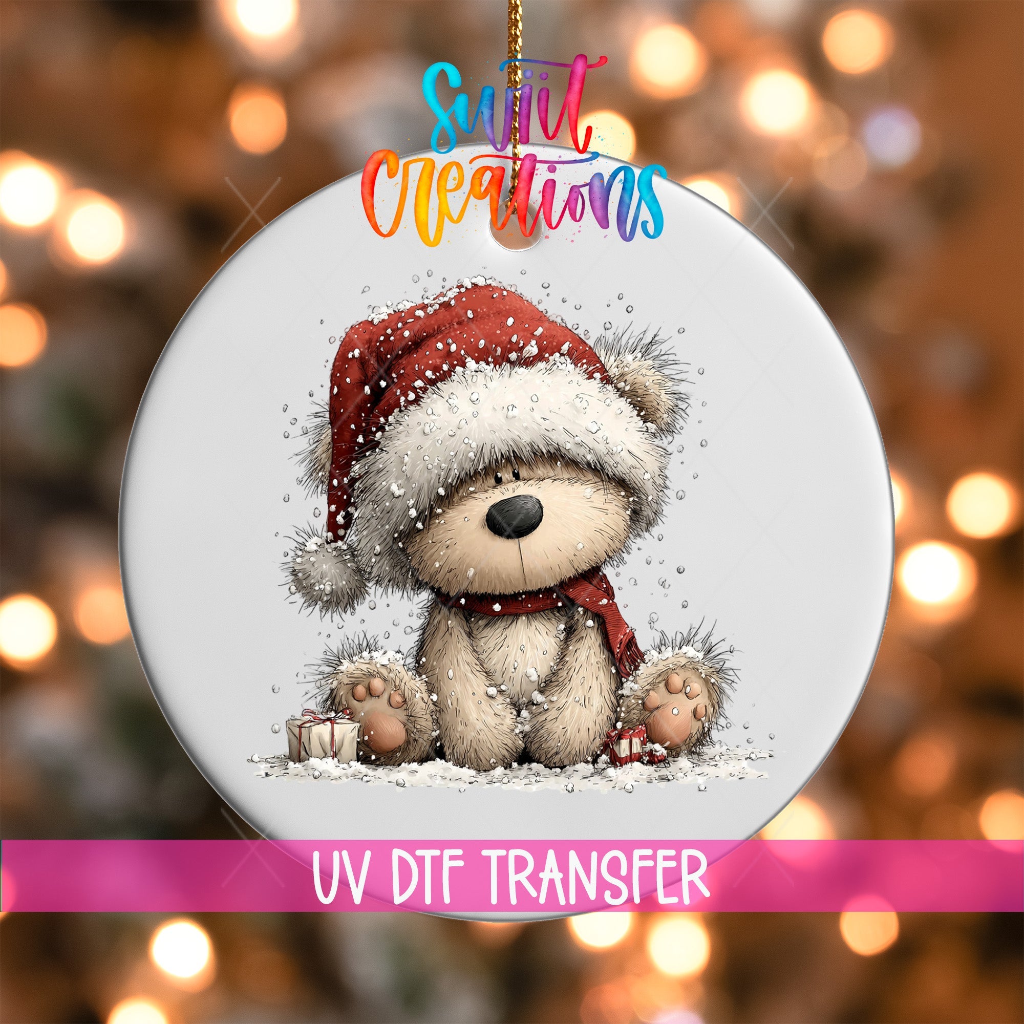 Cute Teddy Bear In Santa Hat UV DTF Ornament Transfer | O-1815 - Swiit Creations