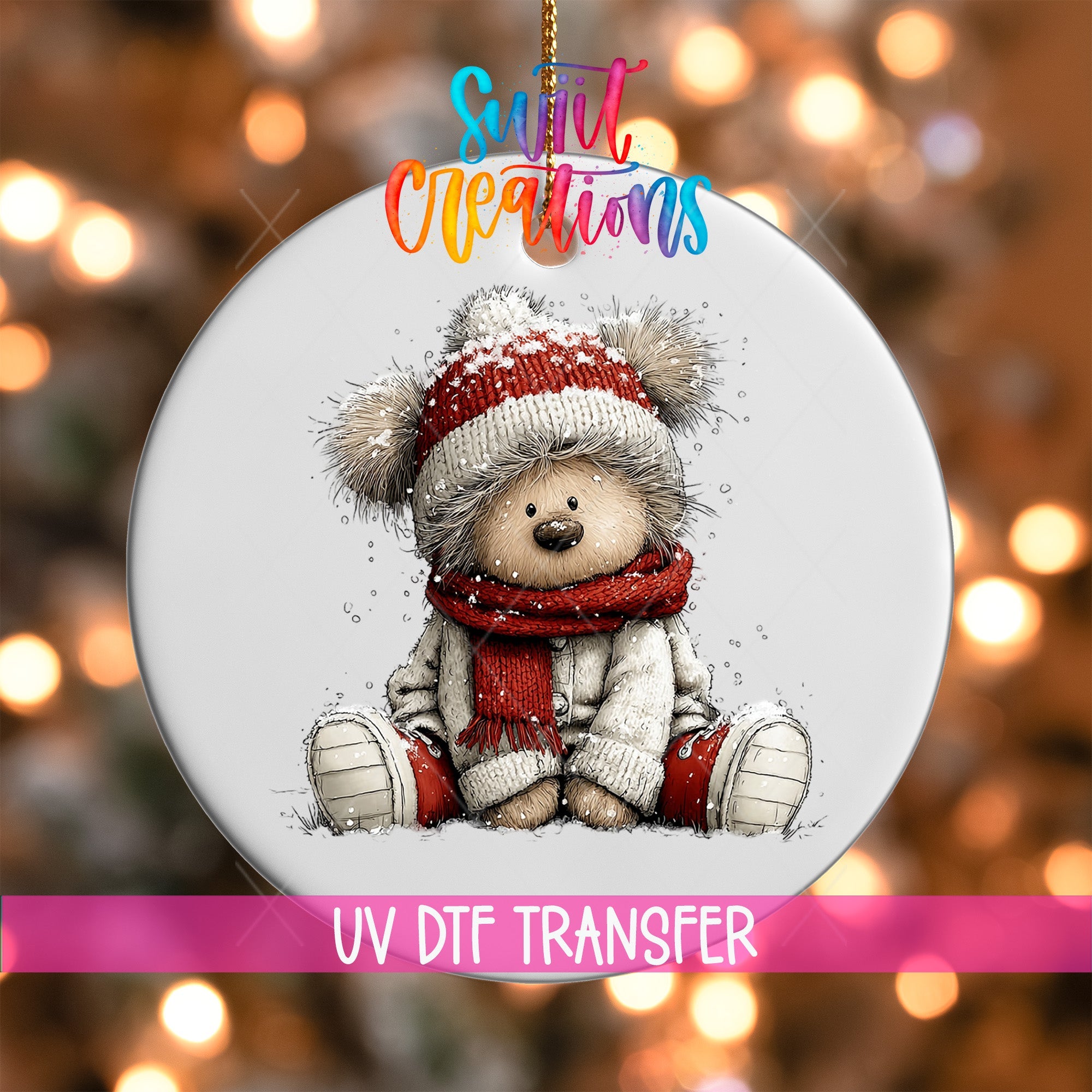 Cute Teddy Bear In Winter Hat UV DTF Ornament Transfer | O-1804 - Swiit Creations
