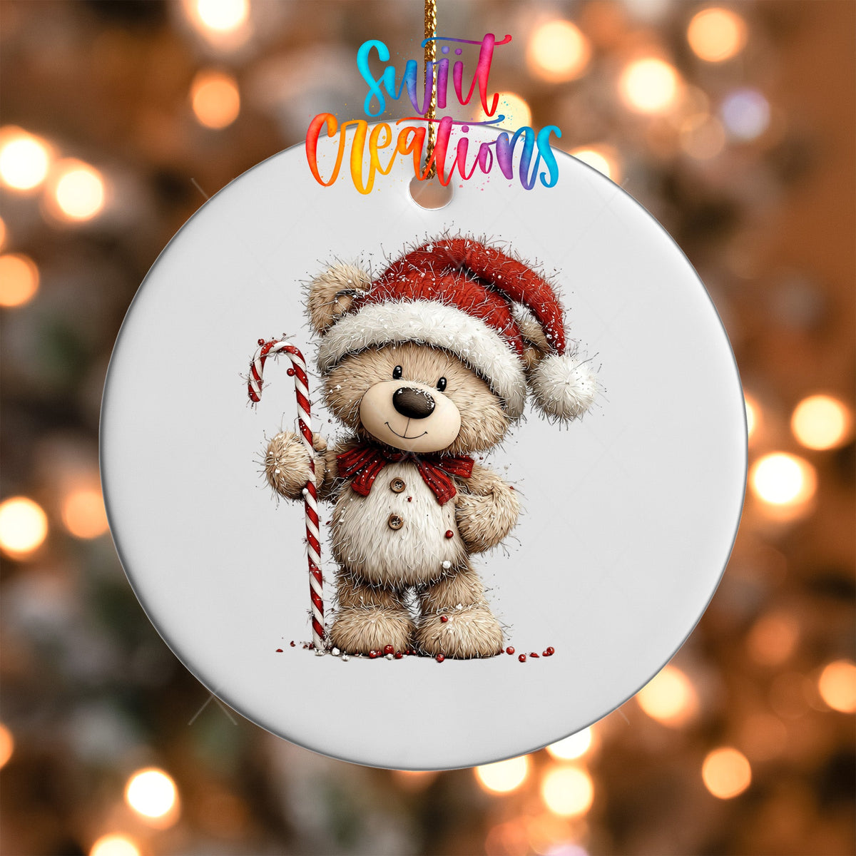 Close-up of the Teddy Bear with Candy Cane UV DTF transfer on a round white ornament