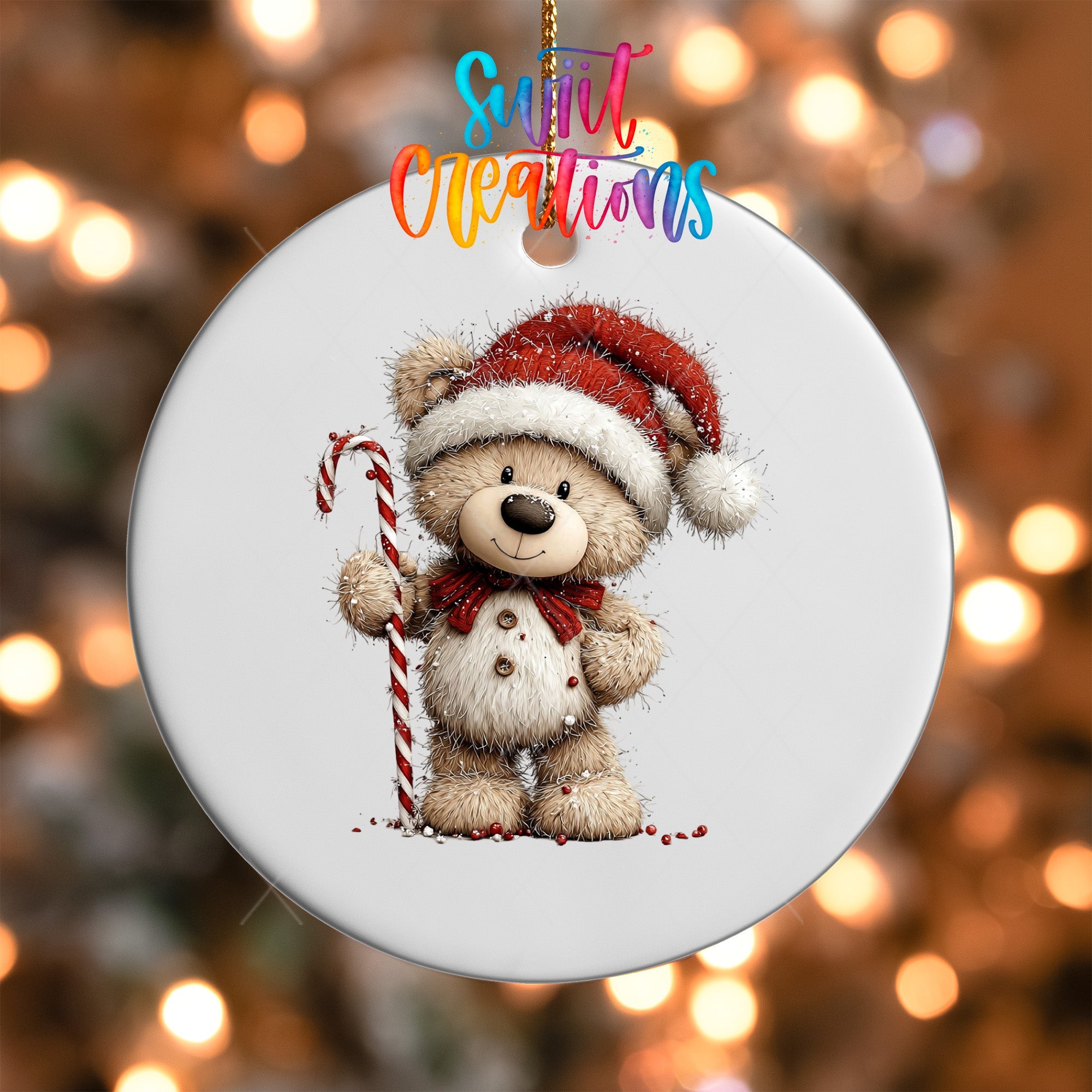 Cute Teddy Bear With Candy Cane UV DTF Ornament Transfer | O-1799 - Swiit Creations