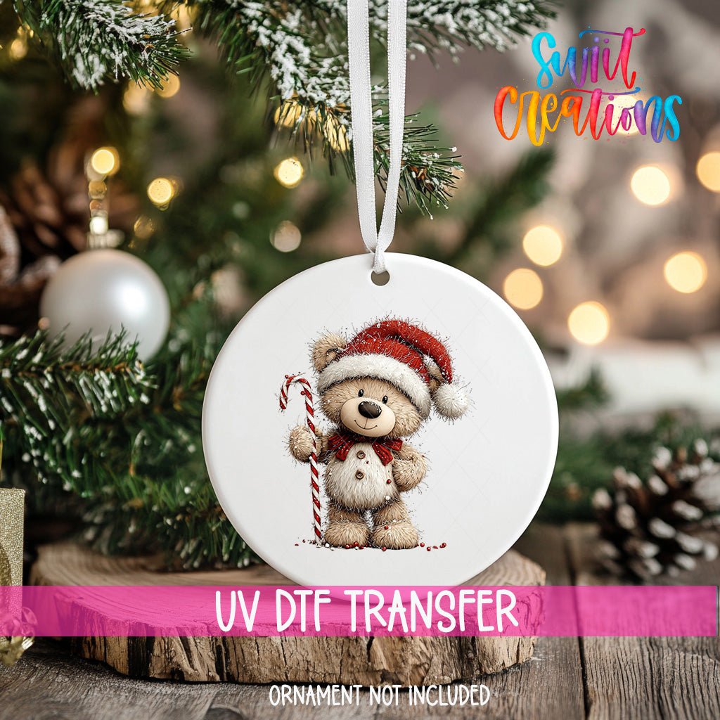 Cute Teddy Bear With Candy Cane UV DTF Ornament Transfer | O-1799 - Swiit Creations