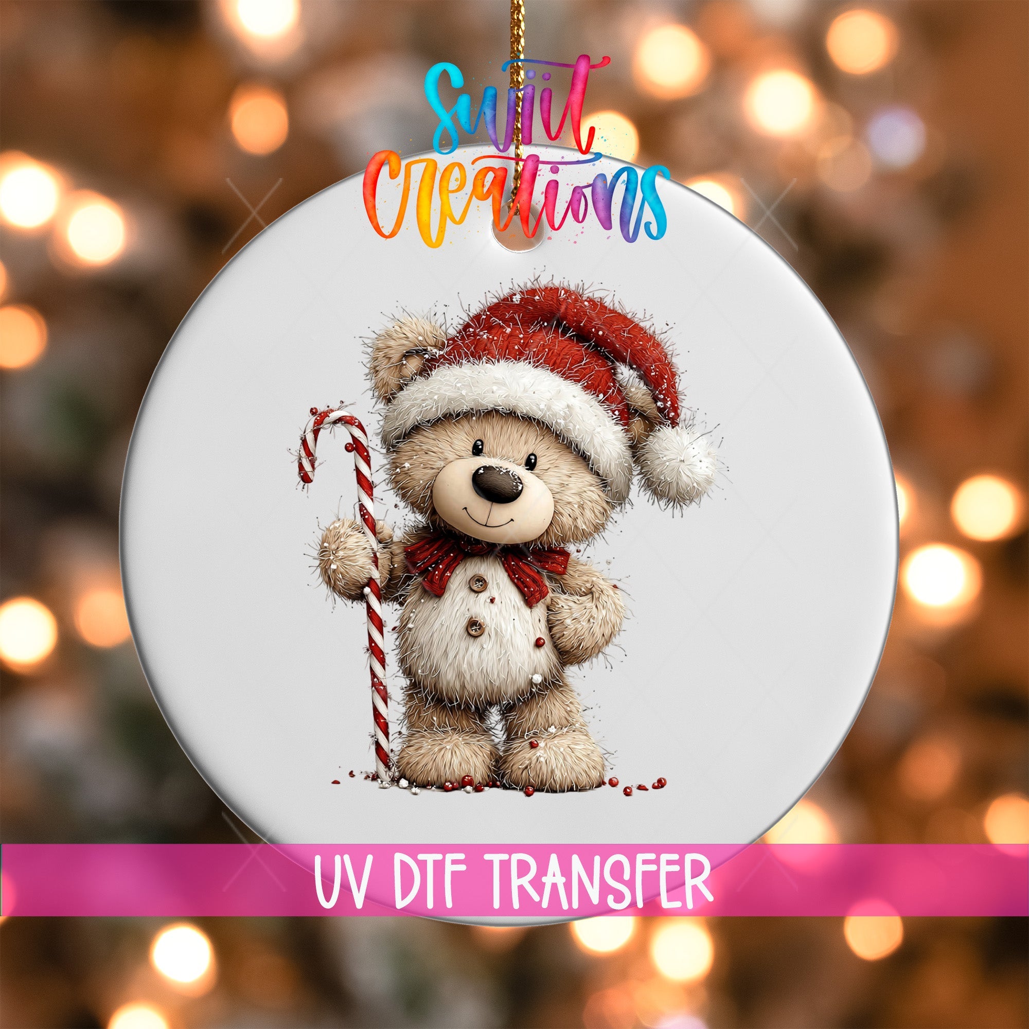 Cute Teddy Bear With Candy Cane UV DTF Ornament Transfer | O-1799 - Swiit Creations