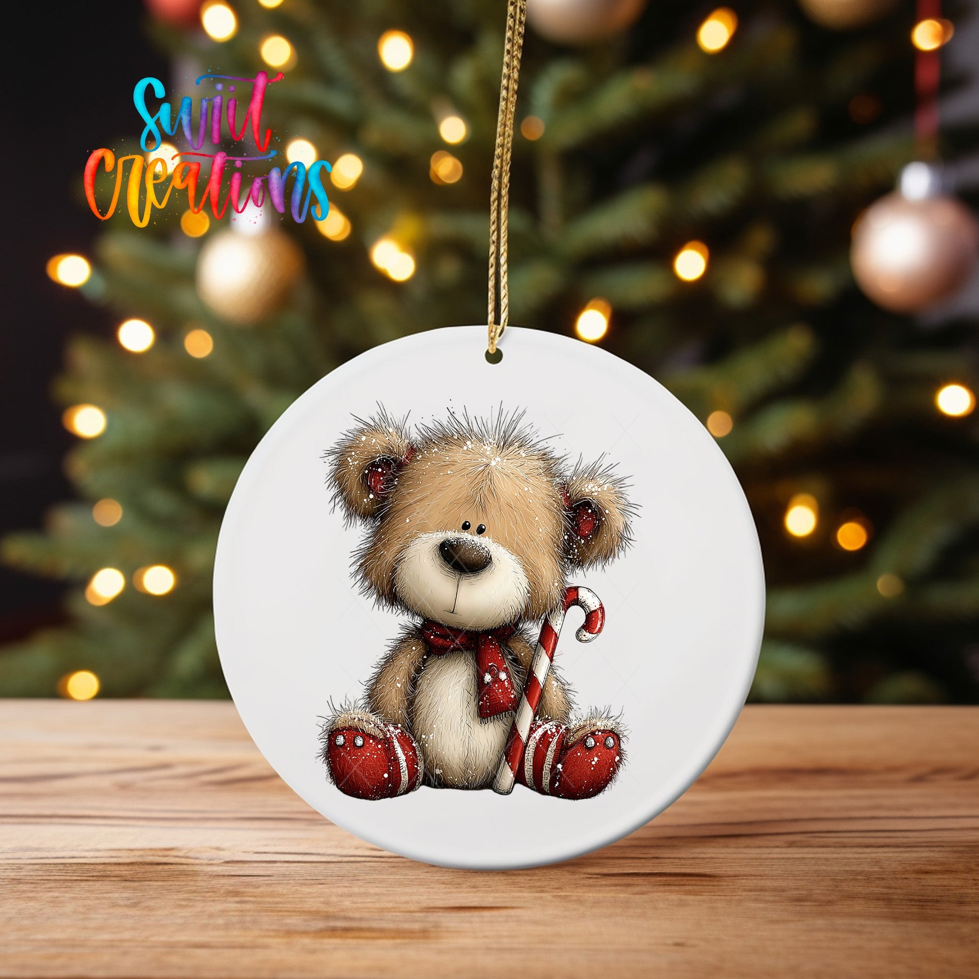 Cute Teddy Bear With Candy Cane UV DTF Ornament Transfer | O-1801 - Swiit Creations