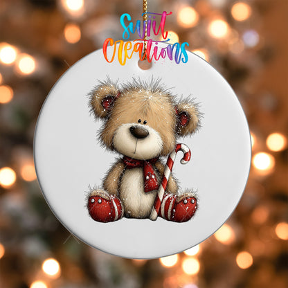 Close-up of the Teddy Bear with Candy Cane UV DTF transfer on a round white ornament